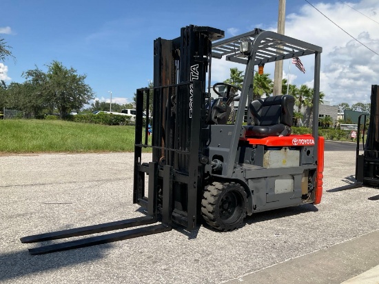 TOYOTA FORKLIFT MODEL 5FBE15, ELECTRIC, APPROX MAX CAPACITY 3,000 LBS