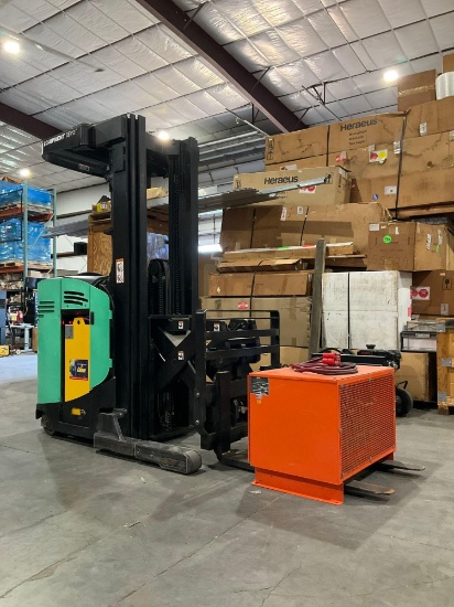 MITSUBISHI REACH FORKLIFT MODEL ESR15N-24V,...ELECTRIC, APPROX MAX CAPACITY 3000LBS, MAX HEIGHT 2...