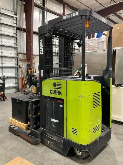 CLARK REACH FORKLIFT MODEL NPR-15D, ELECTRIC, APPROX MAX CAPACITY 3000LBS, MAX HEIGHT 198in, EXTEND