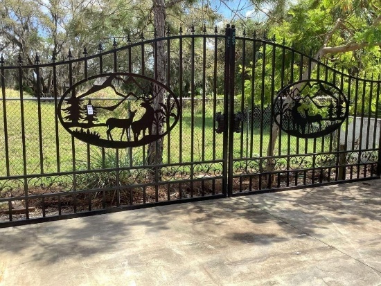 SET OF UNUSED GREAT BEAR 14FT BI PARTING WROUGHT IRON GATES, 7FT EACH PIECE (14' TOTAL WIDTH). 2 ...
