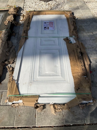 UNUSED STEEL SECURITY DOOR WITH FRAME AND HARDWARE, APPROX 6.89FT H x 3.38FT W