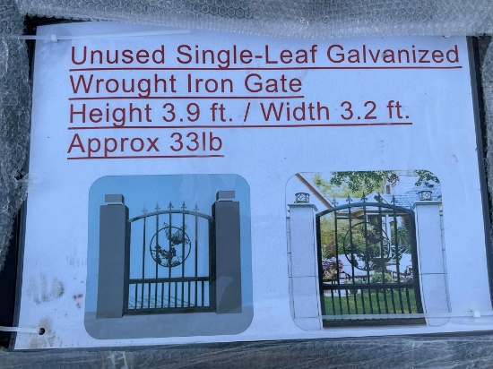 UNUSED SINGLE -LEAF GALVANIZED WROUGHT IRON GATE , BIRD DESIGN, TOTAL APPROX 3.9FT T x 3.2FT W