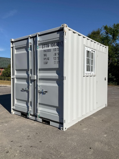 10FT OFFICE / STORAGE CONTAINER, FORK POCKETS WITH SIDE DOOR ENTRANCE & SIDE WINDOW,... APPROX 99...
