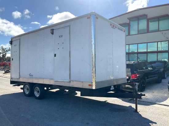 PORTABLE BATHROOM STATIONS ON TRAILER, APPROX 18FT L, STABLEIZING JACKS, SINKS, A/C AIR CONDITION...
