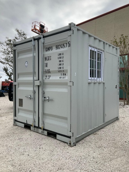 2024 9' STORAGE CONTAINER, 1 LOCKING WINDOW, 1 LOCKING SIDE DOOR, BARN DOORS, FORK POCKETS