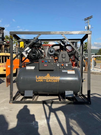 UNUSED LANDHONOR 60 GALLON 2-STAGE TRUCK MOUNT AIR COMPRESSOR MODEL LHR-GAC60, GAS POWERED, APPRO...