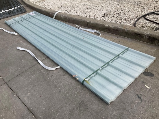 ( 1 ) STACK OF UNUSED POLYCARBONATE ROOF PANELS IN CLEAR, APPROX 35in X 12FT , APPROX QTY 20 PANE...