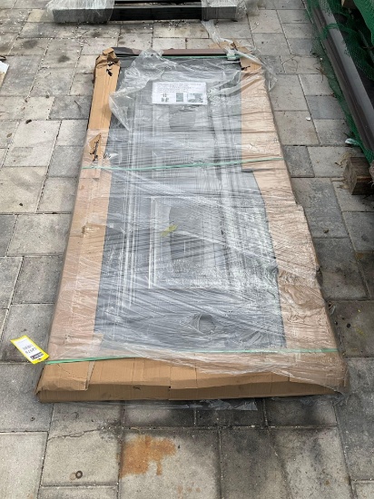 UNUSED STEEL SECURITY DOOR WITH FRAME AND HARDWARE, APPROX 6.89FT H x 3.38FT W