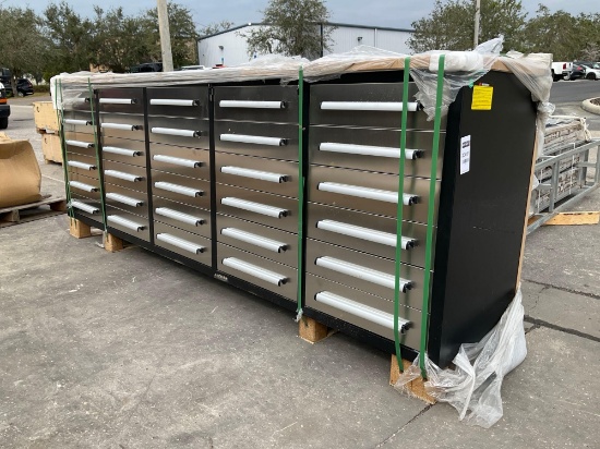 UNUSED CHERY...STAINLESS STEEL WORK BENCH , APPROX 10FT, 30 DRAWERS, KEYS TO LOCK, ALUMINIUM ALLO...