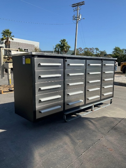 UNUSED CHERY STEELMAN...STAINLESS STEEL WORK BENCH, APPROX 7FT, 20DRAWERS, KEYS TO LOCK,...ALUMIN...