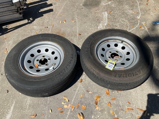 ( 2 ) NATIONAL ROAD MAX 5 LUG HOLE TIRES WITH RIMS, ST205/75R15