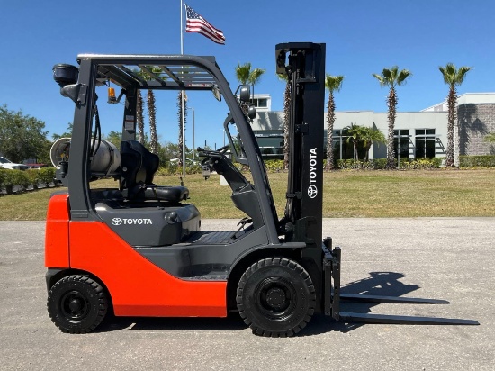 TOYOTA FORKLIFT MODEL 8FGU15, LP POWERED, APPROX MAX CAPACITY 3,000 LBS