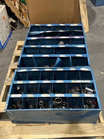 BLUE METAL INDUSTRIAL PARTS CABINET; APPROXIMATELY 36 IN L X 12 IN W X 66 IN T; CONTENTS INCLUDED