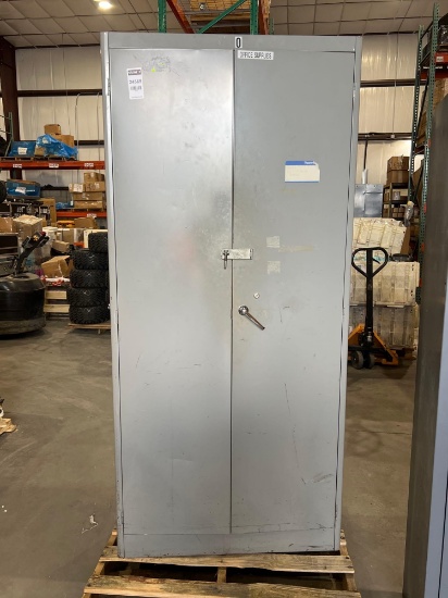 GRAY METAL INDUSTRIAL CABINET; 37 IN L X 18 IN WX 78 IN T; CONTENTS INCLUDED