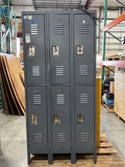 GRAY METAL LOCKERS; 6 LOCKERS WITH KEYS; APPROXIMATELY 37 IN L X 19 IN W X 78 IN T; CONTENTS