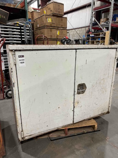 WHITE METAL INDUSTRIAL TOOL CABINET; APPROXIMATELY 48 IN L X 22 IN W X 37 IN T; CONTENTS INCLUDED