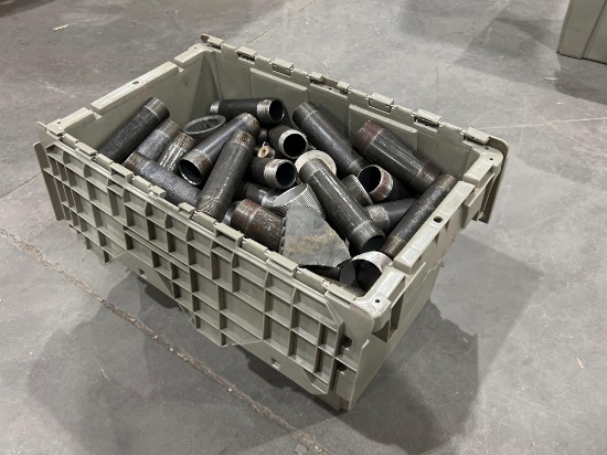 LOT OF METAL PIPE NIPPLES WITH GRAY PLASTIC STORAGE BIN; VARIOUS SIZES , MAKES, & MODELS