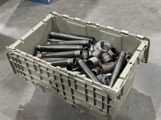 LOT OF METAL PIPE NIPPLES WITH GRAY PLASTIC STORAGE BIN; VARIOUS SIZES , MAKES, & MODELS
