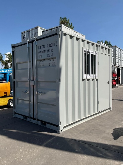 10FT OFFICE / STORAGE CONTAINER, FORK POCKETS WITH SIDE DOOR ENTRANCE & SIDE WINDOW, APPROX 99'' ...