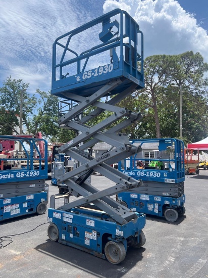 GENIE SCISSOR LIFT MODEL GS1930, ELECTRIC, APPROX MAX PLATFORM HEIGHT 19FT, BUILT IN BATTERY CHAR...