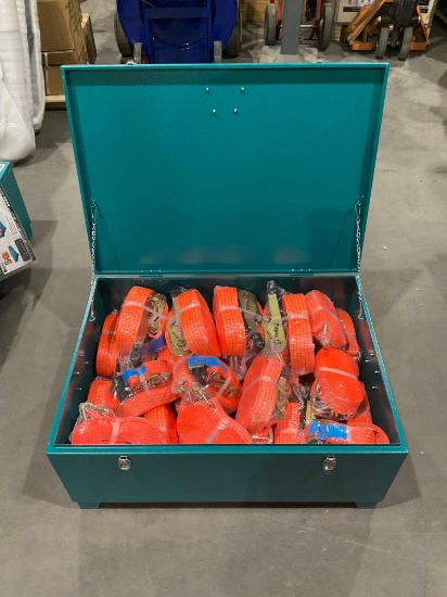 UNUSED LANDHONOR RATCHET TIE DOWN & FLATPACK TOOL BOX MODEL LHR-RF24, TOOL BOX APPROX 20in L x 28in