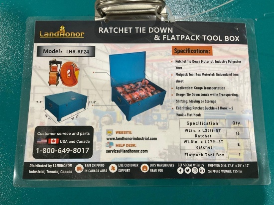 UNUSED LANDHONOR RATCHET TIE DOWN & FLATPACK TOOL BOX MODEL LHR-RF24, TOOL BOX APPROX 20in L x 28in