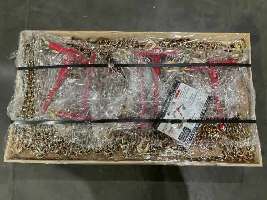 UNUSED LANDHONOR RATCHET BINDERS & CHAINS SET MODEL LHR-RC9200, 5 BINDERS (9,200LB) & 10 G70 3/8" x