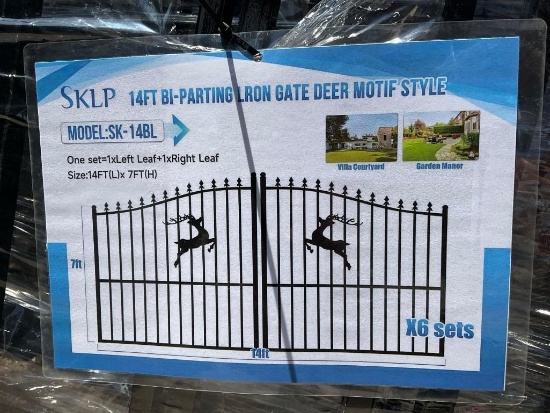 ( 1 ) SET OF UNUSED 14FT BI PARTING WROUGHT IRON GATES, 7FT EACH PIECE (14FT TOTAL WIDTH). 2 PIECES