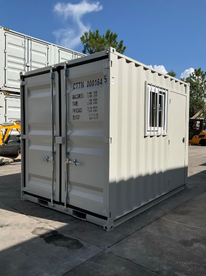 10FT OFFICE STORAGE CONTAINER, FORK POCKETS WITH SIDE DOOR ENTRANCE & SIDE WINDOW, APPROX 99'' T x