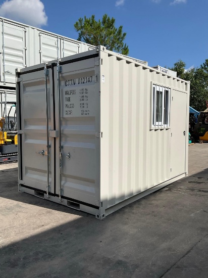 12FT OFFICE STORAGE CONTAINER, FORK POCKETS WITH SIDE DOOR ENTRANCE & SIDE WINDOW(PLEASE NOTE STOCK