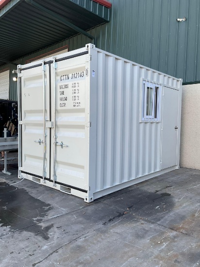 12FT OFFICE STORAGE CONTAINER, FORK POCKETS WITH SIDE DOOR ENTRANCE & SIDE WINDOW(PLEASE NOTE STOCK