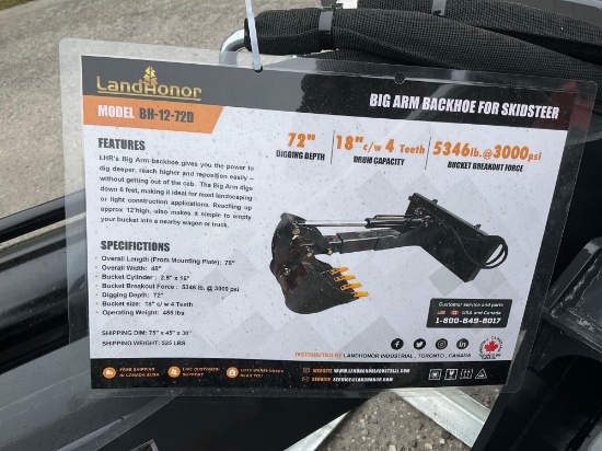 UNUSED 2025 LANDHONOR 72in BIG ARM BACKHOE ATTACHMENT MODEL BH-12-72DFOR UNIVERSAL SKID STEER (