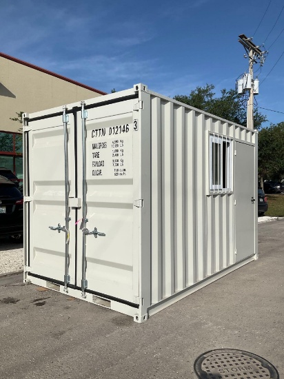 12FT OFFICE / STORAGE CONTAINER, FORK POCKETS WITH SIDE DOOR ENTRANCE & SIDE WINDOW