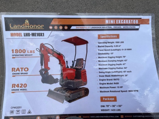 Unused 2026 Ride On Excavator Model Lhr-Me10x1; Gas Powered; Rubber Tracks, Bucket With Teeth &