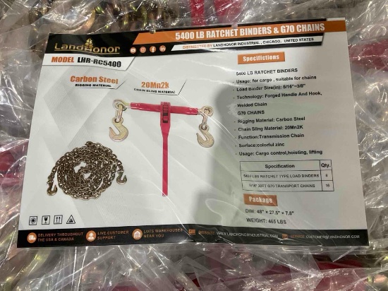 UNUSED LANDHONOR RATCHET BINDERS & CHAINS SET MODEL LHR-RC5400, 8 BINDERS (5,400LB) & 16 G70 5/16in