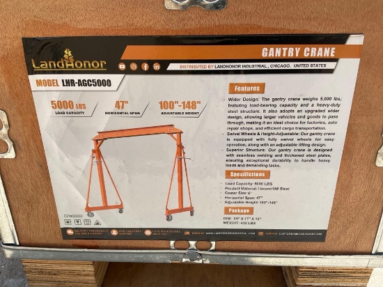 Unused Landhonor Adjustable Height Gantry Crane Model Lhr-Agc5000; Approx Max Load Capacity 5000lb;