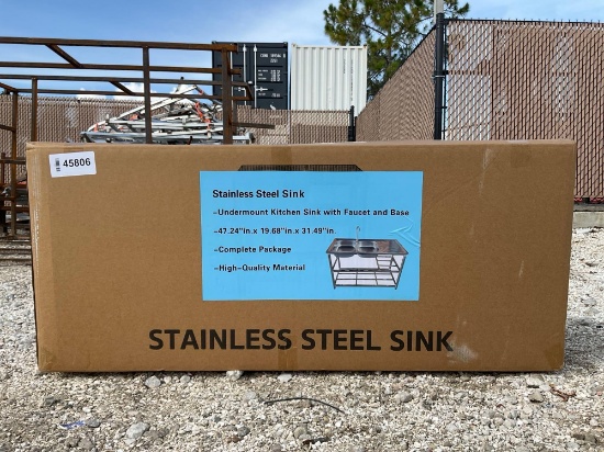 UNUSED UNDERMOUNT STAINLESS STEEL KITCHEN SINK WITH FAUCET AND BASE;APPROX 47in X 20in X 31in