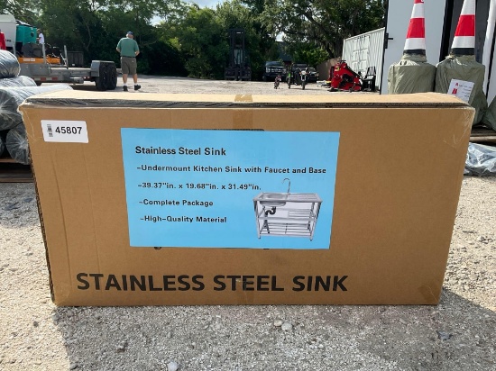 UNUSED UNDERMOUNT STAINLESS STEEL KITCHEN SINK WITH FAUCET AND BASE; APPROX 40in X 20in X 31in