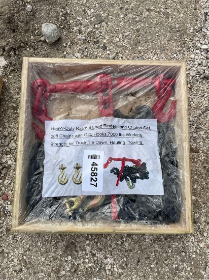 Unused Heavy Duty Ratchet Load Binders And Chains Set; 20 Ft Chains With G80 Hooks; Approx Working