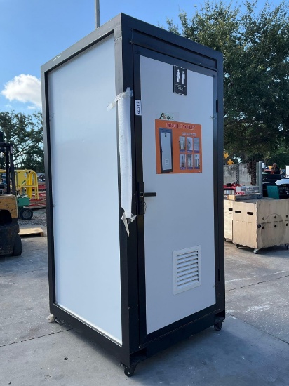 Unused Single Stall Mobile Bathroom; Approx 44 In L X 49 W X 98 H; Includes Toilet, Paper Roll Box,