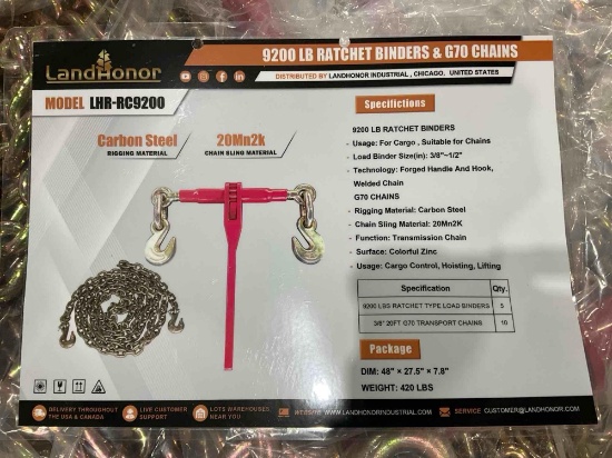 UNUSED LANDHONOR RATCHET BINDERS & CHAINS SET MODEL LHR-RC9200, 5 BINDERS (9,200LB) & 10 G70 3/8i...
