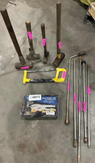 Lot Of Mixed Industrial Tools; Including Sledge Hammers, Hacksaw, Hose Repair Kit, And Misc