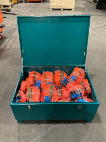 UNUSED LANDHONOR RATCHET TIE DOWN & FLATPACK TOOL BOX MODEL LHR-RF24, TOOL BOX APPROX 20in L x 28in