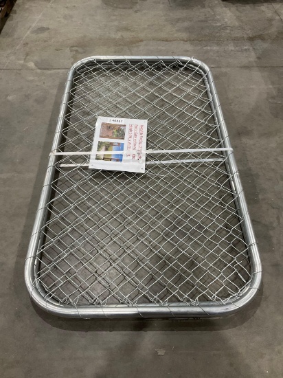 METAL BI-PARTING CHAIN LINK FENCE GATE WITH ROUND FRAME; APPROX 6 FT X 7 FT
