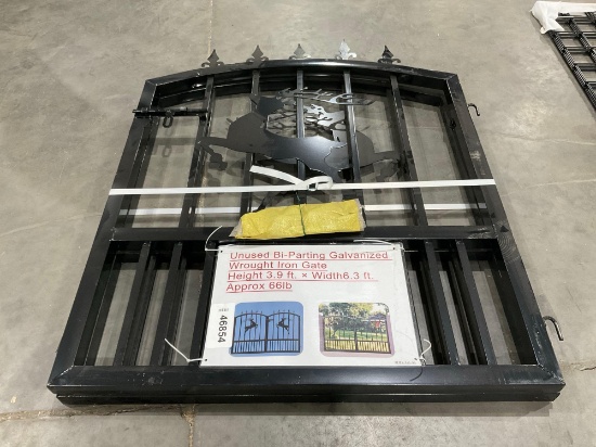 UNUSED BI-PARTING GALVANIZED WROUGHT IRON GATE; APPROX HEIGHT 4 FT X 6 FT W; APPROX 66 LB