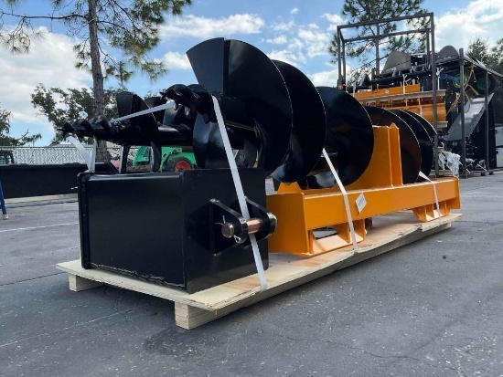 ( 1 ) UNUSED AUGER ATTACHMENT FOR SKID STEER, BITS APPROX 8in / 12in & 16in