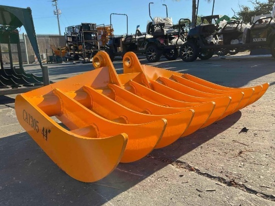 ( 1 ) UNUSED CAT 305 EXCAVATOR RAKE, APPROX 44 IN