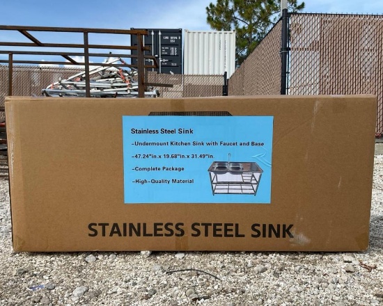 UNUSED UNDERMOUNT STAINLESS STEEL KITCHEN SINK WITH FAUCET AND BASE; APPROX 47 IN X 20 IN X 32 IN