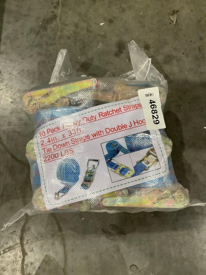 UNUSED HEAVY DUTY RATCHET STRAPS TIE DOWN STRAPS WITH DOUBLE J HOOKS, APPROX 10 TOTAL IN PACK,