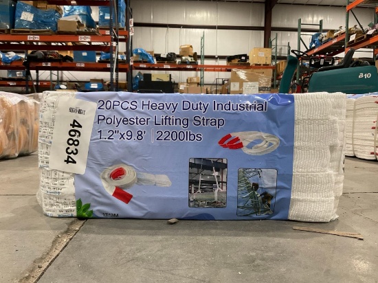 UNUSED HEAVY DUTY INDUSTRIAL LIFTING STRAP; POLYESTER; APPROX 2200 LBS; APPROX 1.2 IN X 9.8 FT;